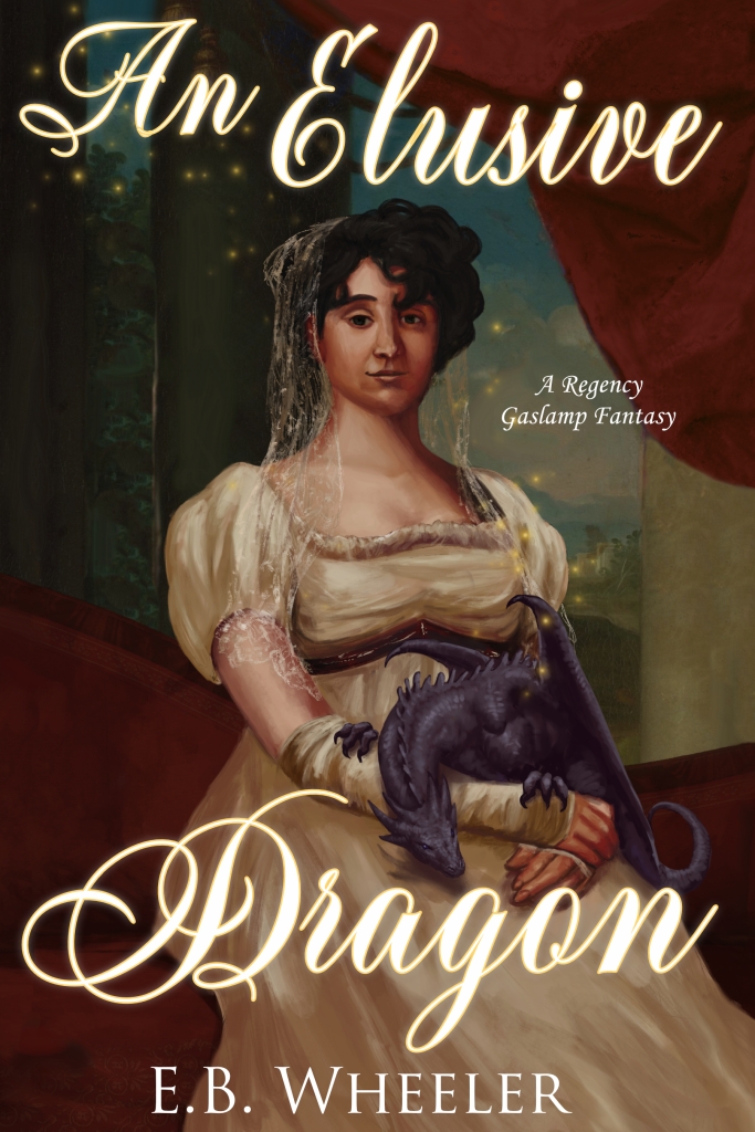 The cover of the book An Elusive Dragon showing a brown-skinned woman in a Regency-era dress holding a small, purple dragon on her lap.
