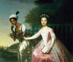 Two young women in silk dresses pose together for a painting, one Black and one white.
